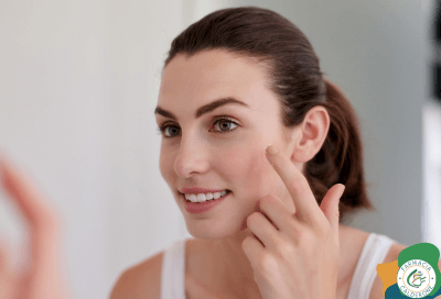 Ragazza allo specchio che si tocca il viso con delicatezza, simbolo di cura della pelle e beauty routine