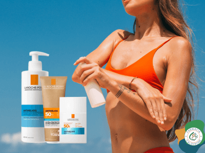 Ragazza in costume da bagno che tiene in mano una protezione solare, accanto a lei i solari La Roche Posay, simbolo di sicurezza e cura della pelle al sole.