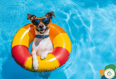 Cane con occhiali da sole che si rilassa in piscina su un salvagente colorato, simbolo di vacanze spensierate e divertimento anche per gli animali domestici.