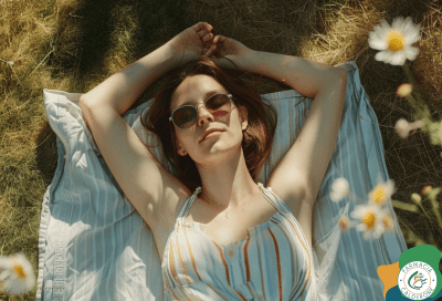 Donna sdraiata all’ombra su un prato fiorito con occhiali da sole, a simboleggiare la necessità di proteggere la pelle dai raggi UV anche quando non si è esposti direttamente al sole.