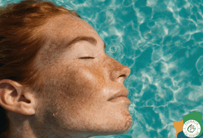 Primo piano del viso di una donna lentigginosa che galleggia in acqua con gli occhi chiusi, immagine evocativa dei segni lasciati dal sole sulla pelle e dell’importanza di trattare le discromie cutanee.
