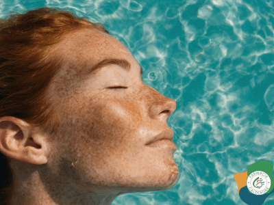 Primo piano del viso di una donna lentigginosa che galleggia in acqua con gli occhi chiusi, immagine evocativa dei segni lasciati dal sole sulla pelle e dell’importanza di trattare le discromie cutanee.