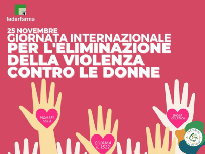 Grafica con mani alzate e messaggi di supporto su sfondo rosa dedicata alla Giornata internazionale per l’eliminazione della violenza contro le donne, promossa da Federfarma.