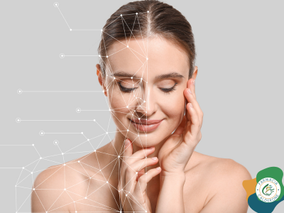 Primo piano di una donna che tocca delicatamente il viso; metà del volto è sovrapposta a una rete grafica di punti e linee che richiama struttura e analisi della pelle.